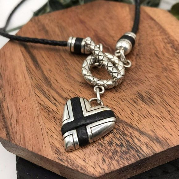 Brighton Whisper Black Heart Necklace Leather Braided Cord Front Toggle 18” - Picture 2 of 6